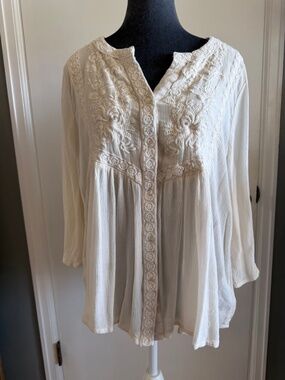 Rachel Zoe Beige Floral Embroidered Button Front Blouse 2X
